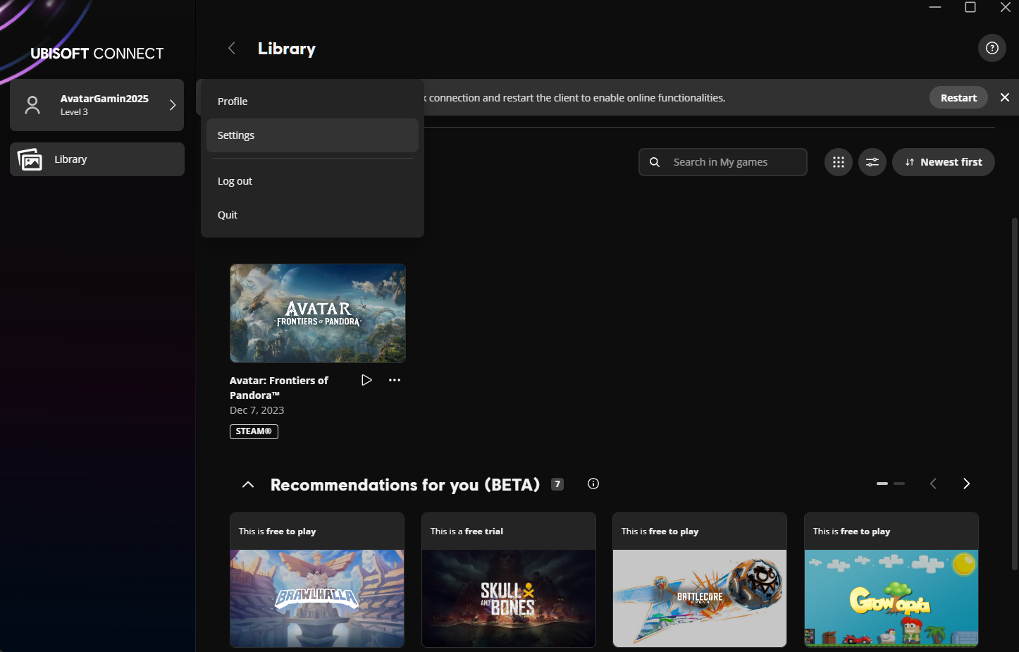Ubisoft settings menu