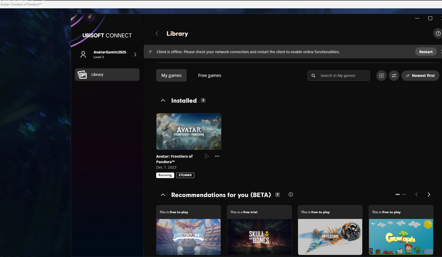 Ubisoft Connect showing offline status with game running